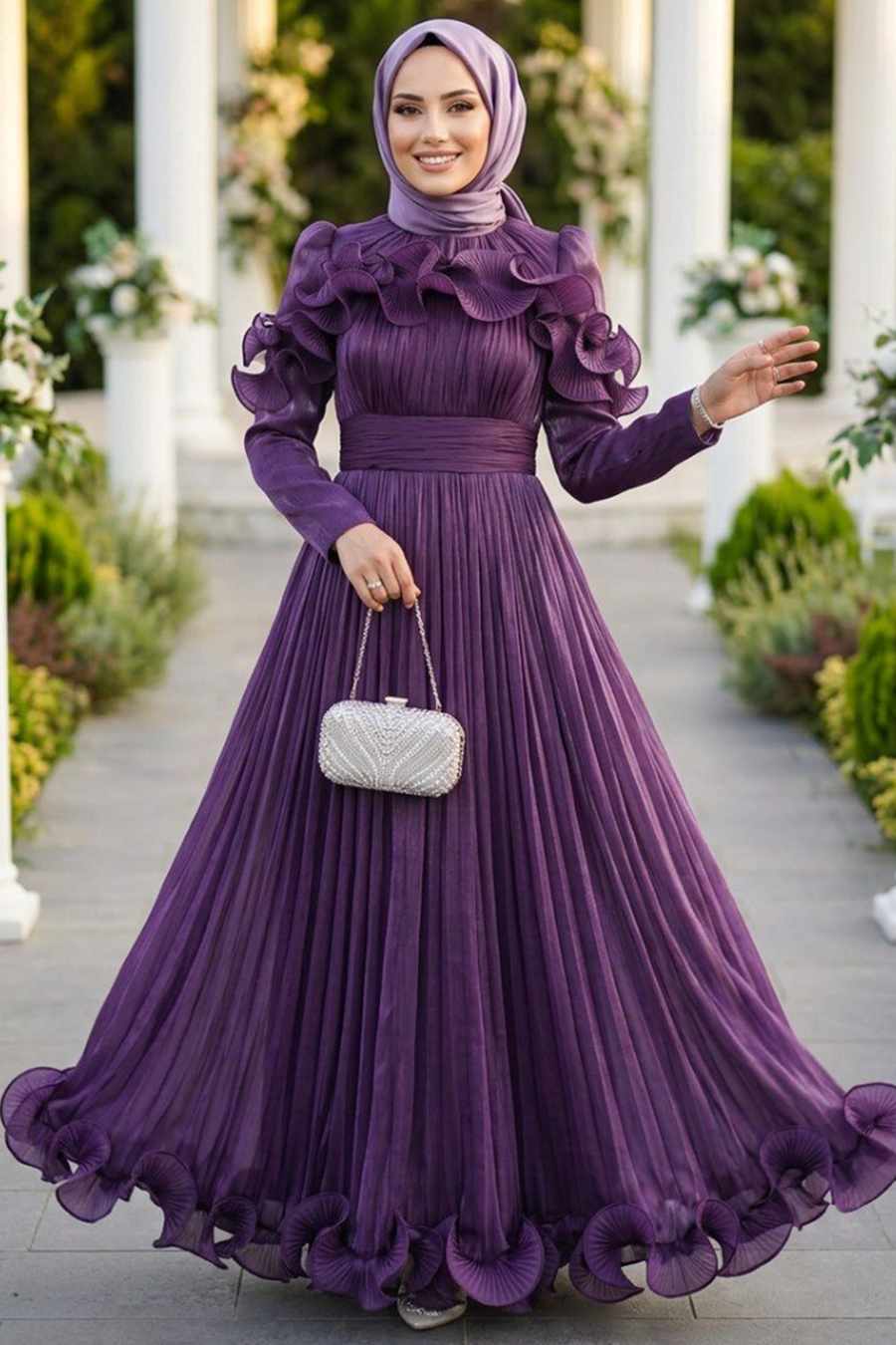 Ruffled Pleated Shimmer Purple Modest Evening Dress 55691MOR