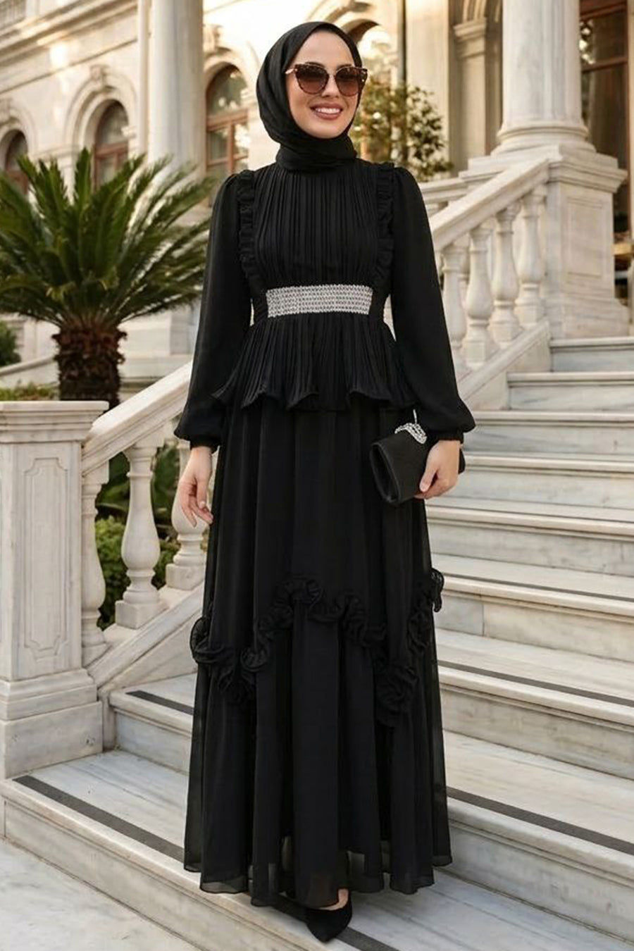 Ruffle-Detailed Black Modest Evening Dress 4881S