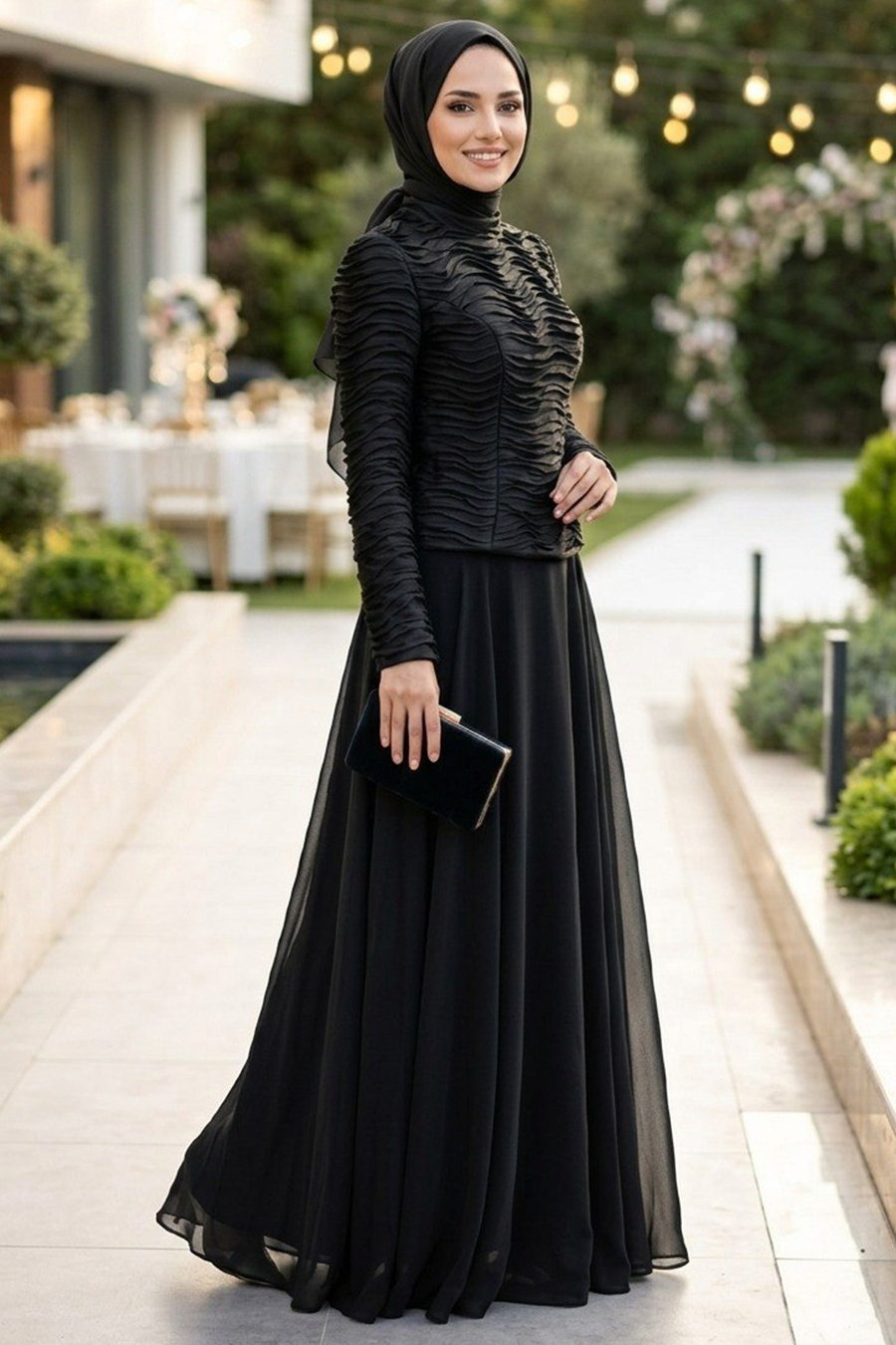 Ruffle-Detailed Black Modest Evening Dress 54912S