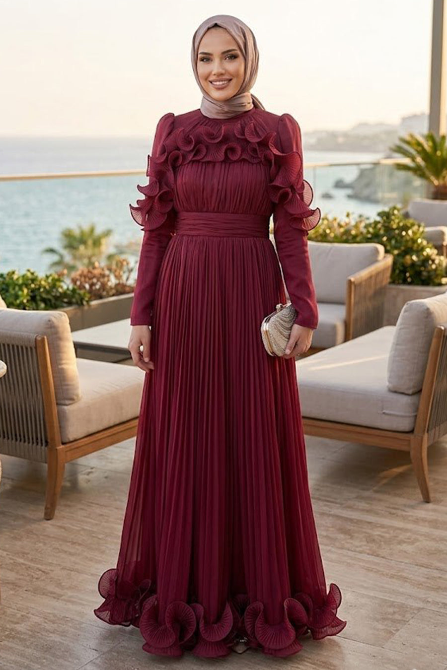 Ruffled Pleated Shimmer Burgundy Modest Evening Dress 55691BR