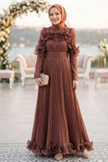Ruffled Pleated Shimmer Brown Modest Evening Dress 55691KH