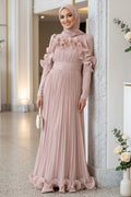 Ruffled Pleated Shimmer Powder Pink Modest Evening Dress 55691PD