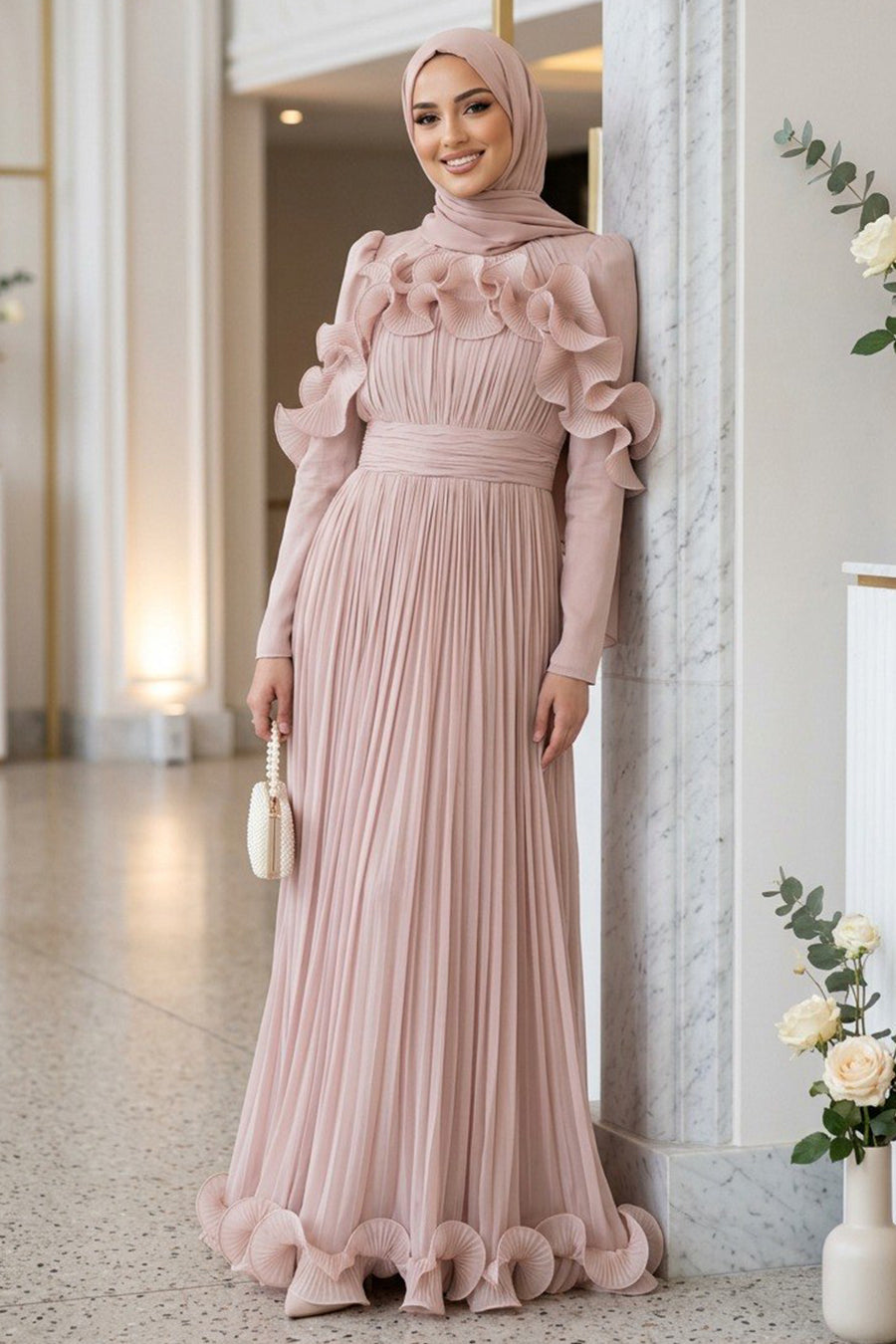 Ruffled Pleated Shimmer Powder Pink Modest Evening Dress 55691PD