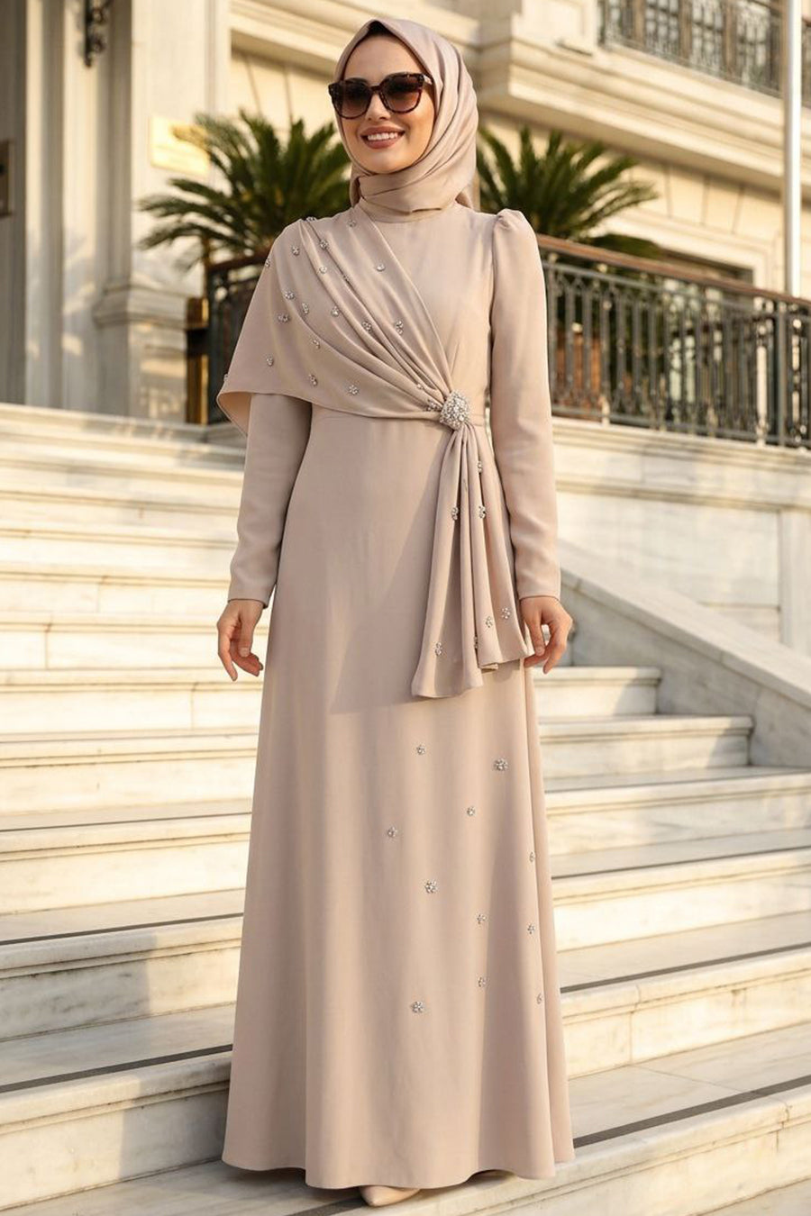 Cape-Detailed Beige Modest Evening Dress 56101BEJ