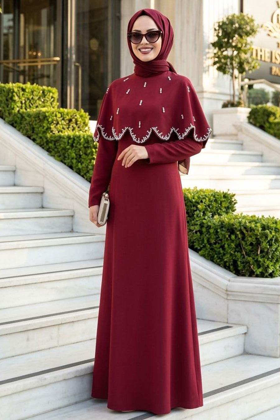 Cape-Detailed Burgundy Modest Evening Dress 55781BR