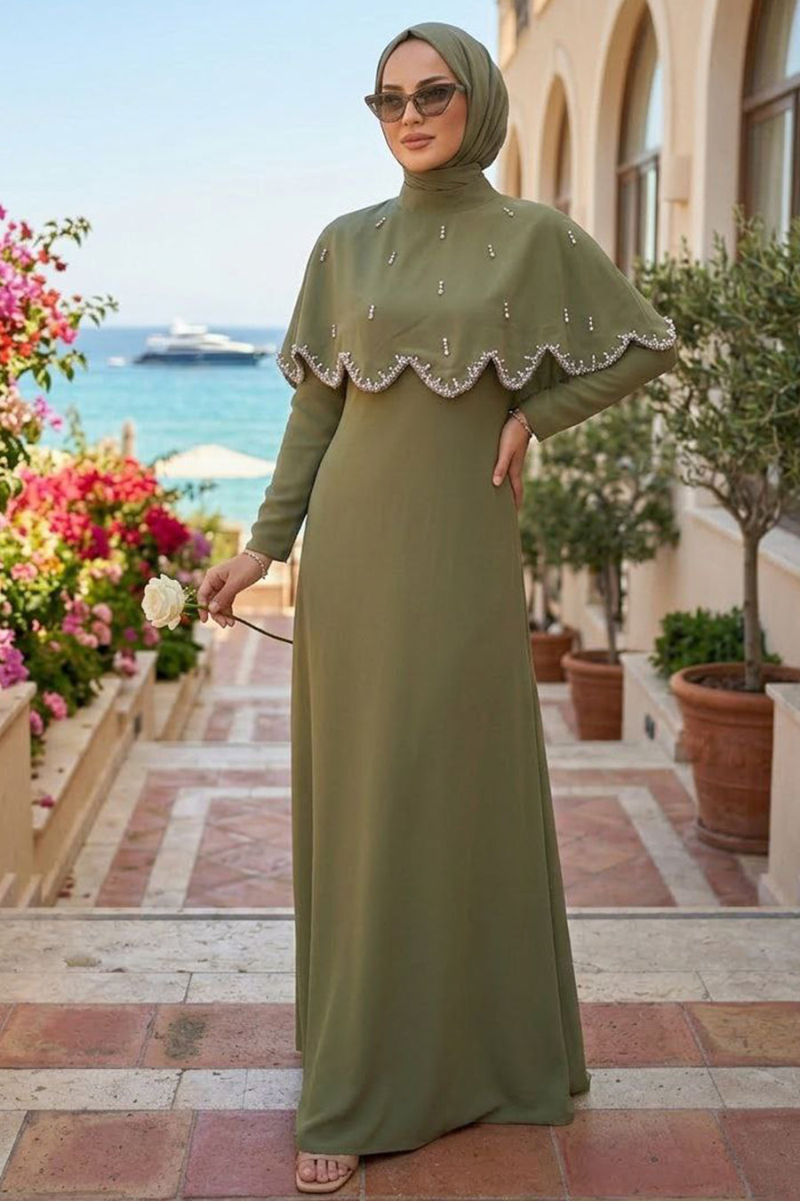 Cape-Detailed Khaki Modest Evening Dress 55781HK