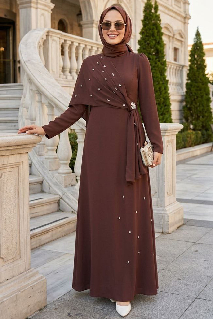 Cape-Detailed Brown Modest Evening Dress 56101KH