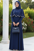Cape-Detailed Navy Modest Evening Dress 55781L