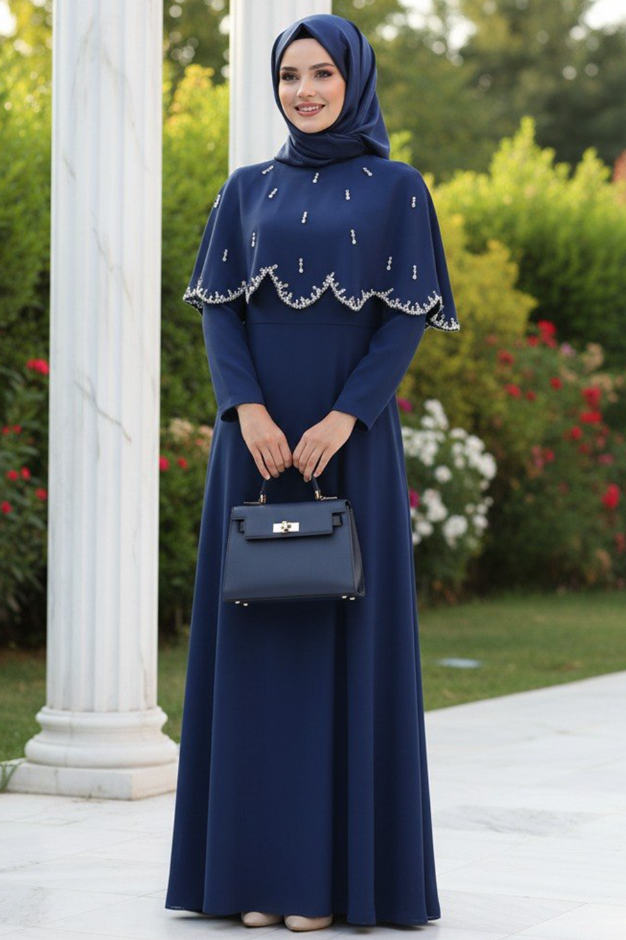 Cape-Detailed Navy Modest Evening Dress 55781L