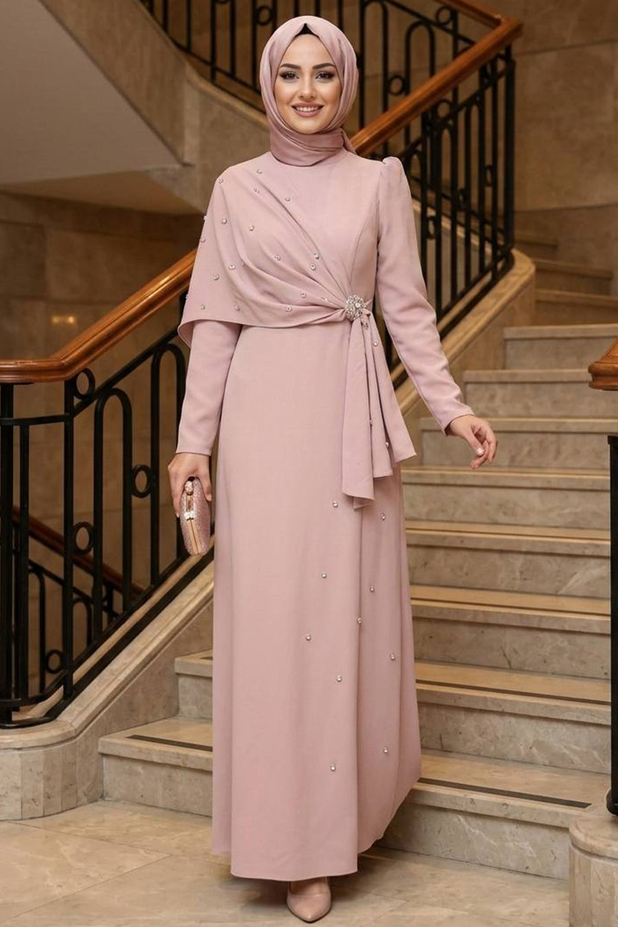 Cape-Detailed Powder Pink Modest Evening Dress 56101PD