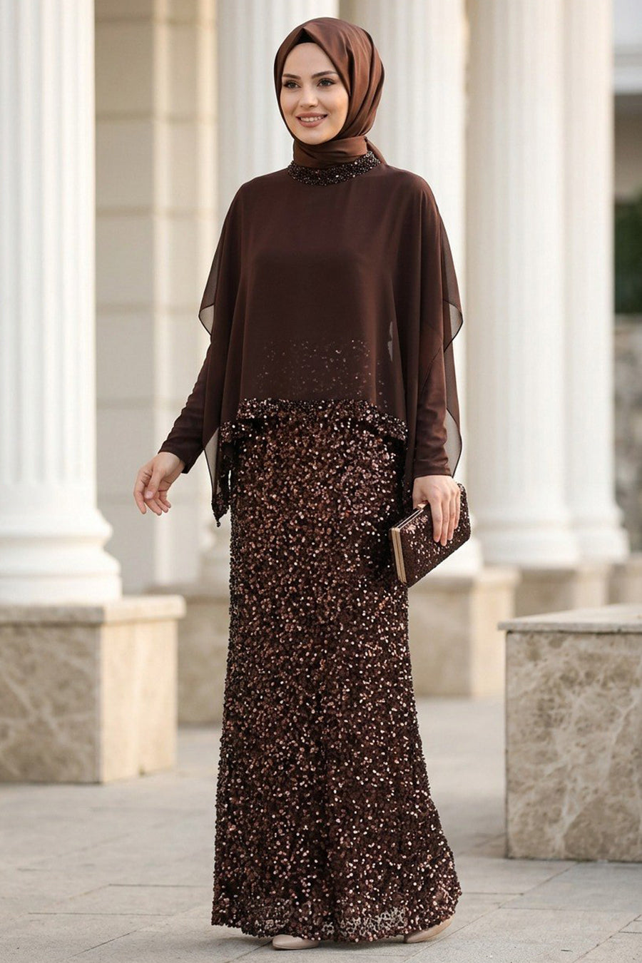 Sequined Dark Brown Modest Evening Dress 48282KKH