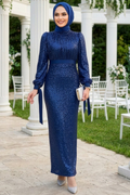 Sequined Navy Modest Evening Dress 4667L