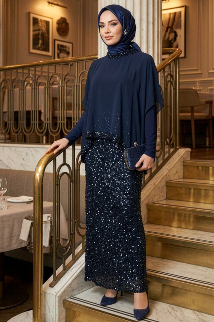 Sequined Navy Modest Evening Dress 48282L