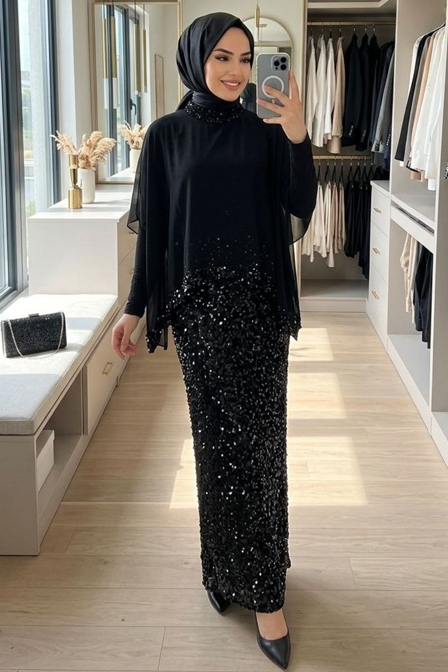 Sequined Black Modest Evening Dress 48282S