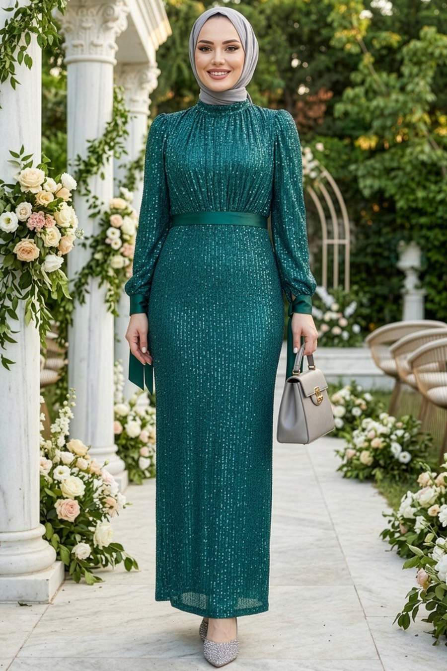 Sequined Emerald Modest Evening Dress 4667ZY