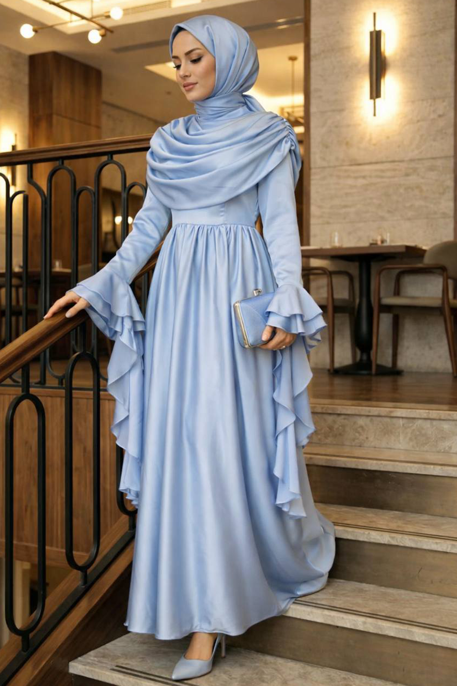 Satin Baby Blue Modest Evening Dress 55461BM