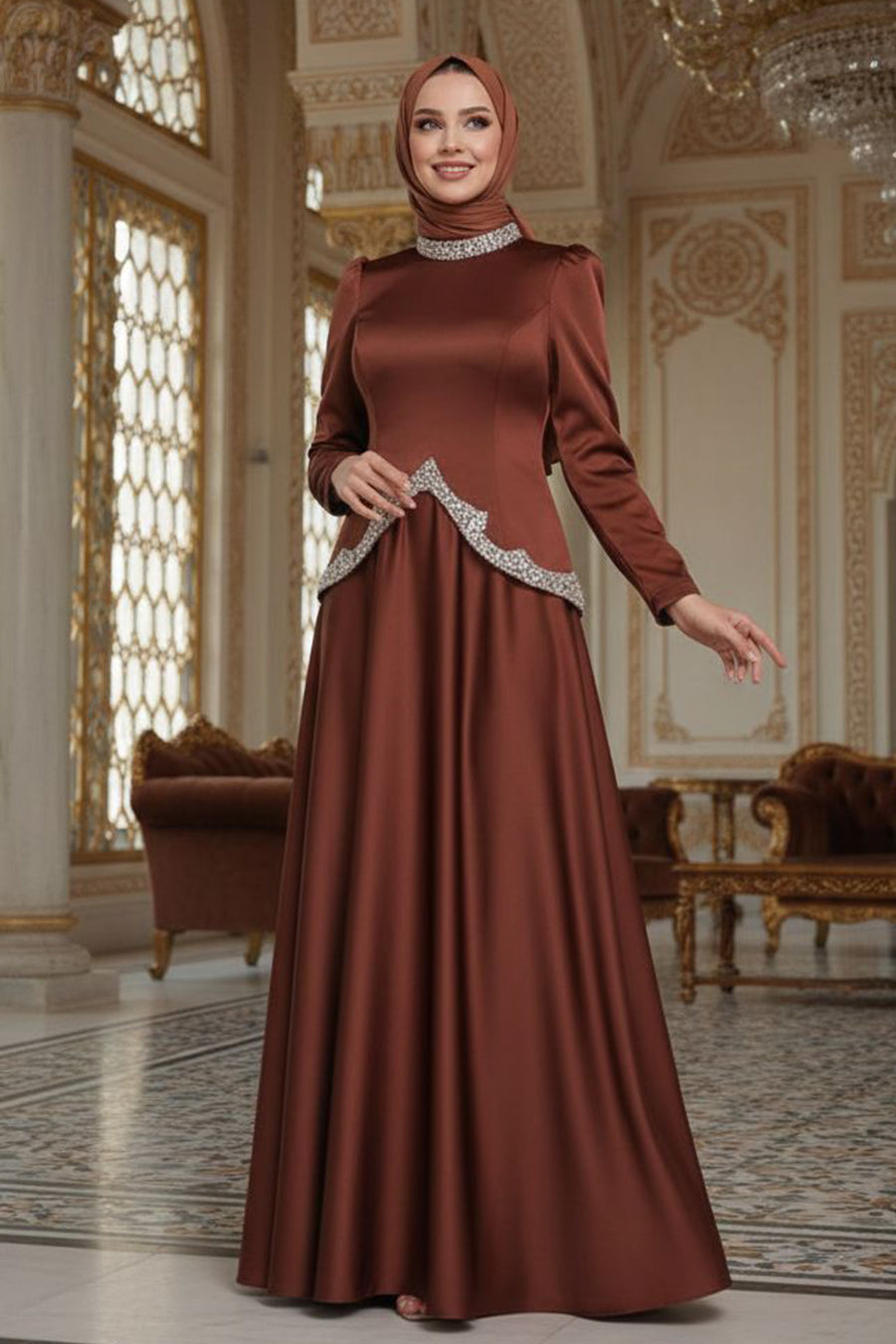 Satin Brown Modest Evening Dress 5459KH