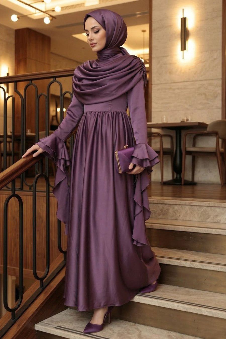 Satin Dark Dusty Rose Modest Evening Dress 55461KGK