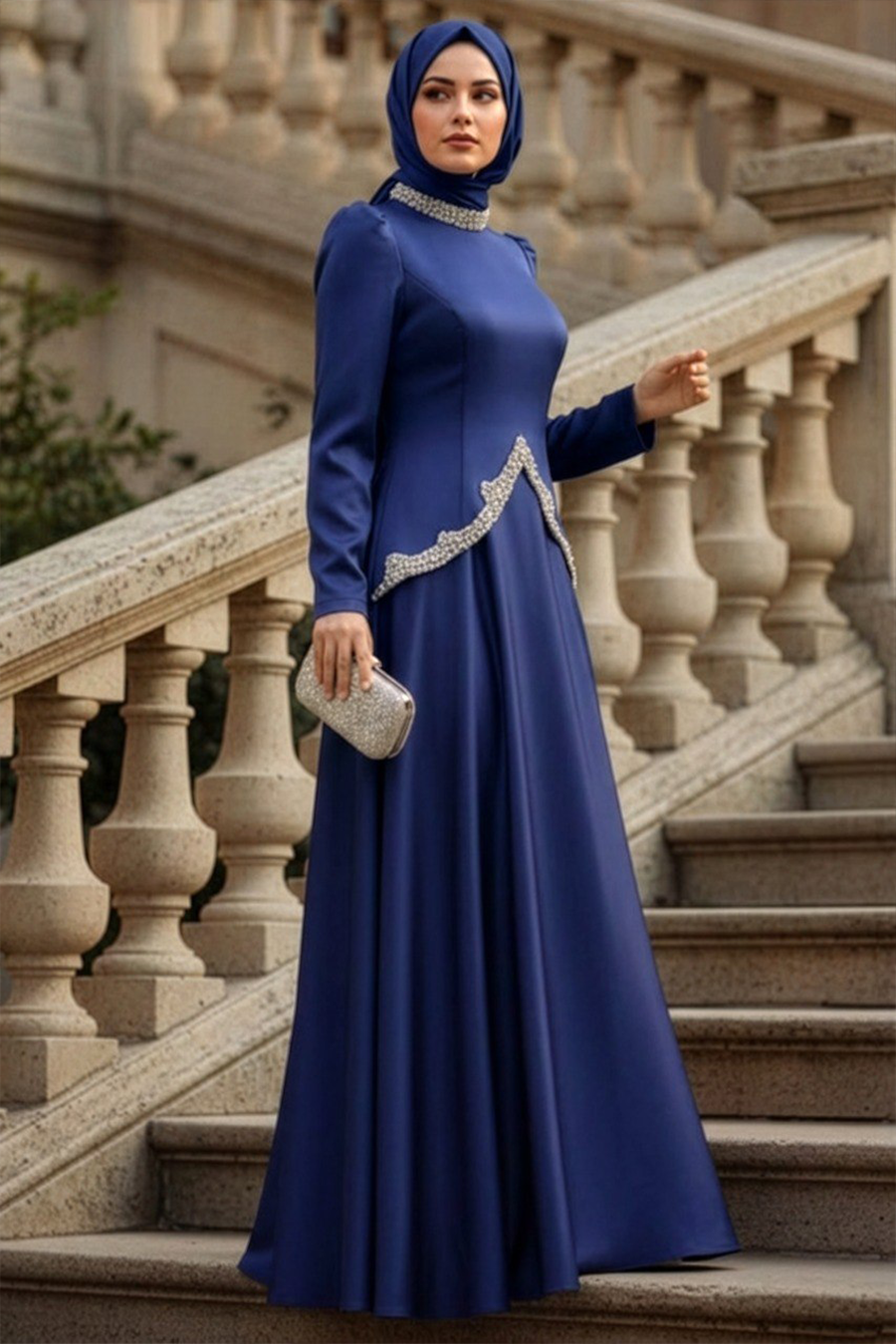 Satin Dark Indigo Modest Evening Dress 5459KIM