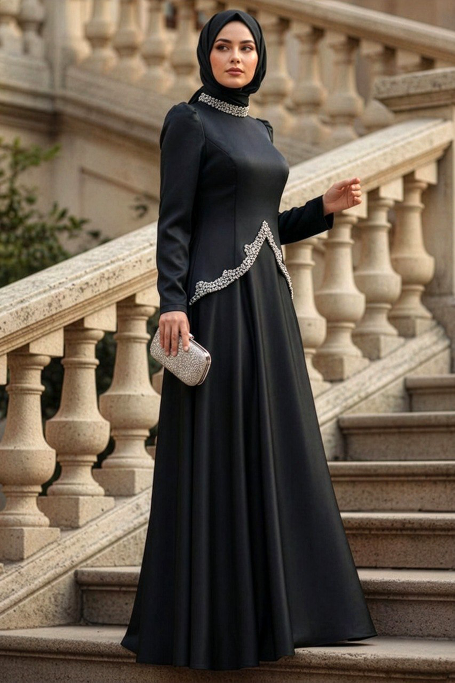 Satin Black Modest Evening Dress 5459S