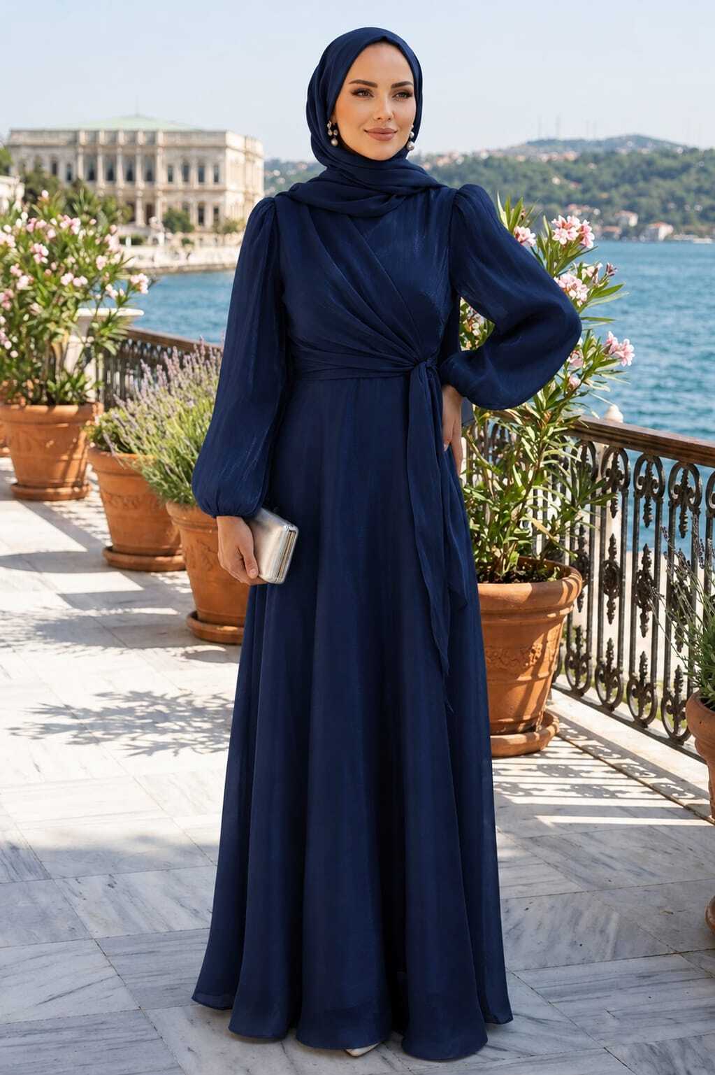 Side-Tie Navy Modest Evening Dress 62191L