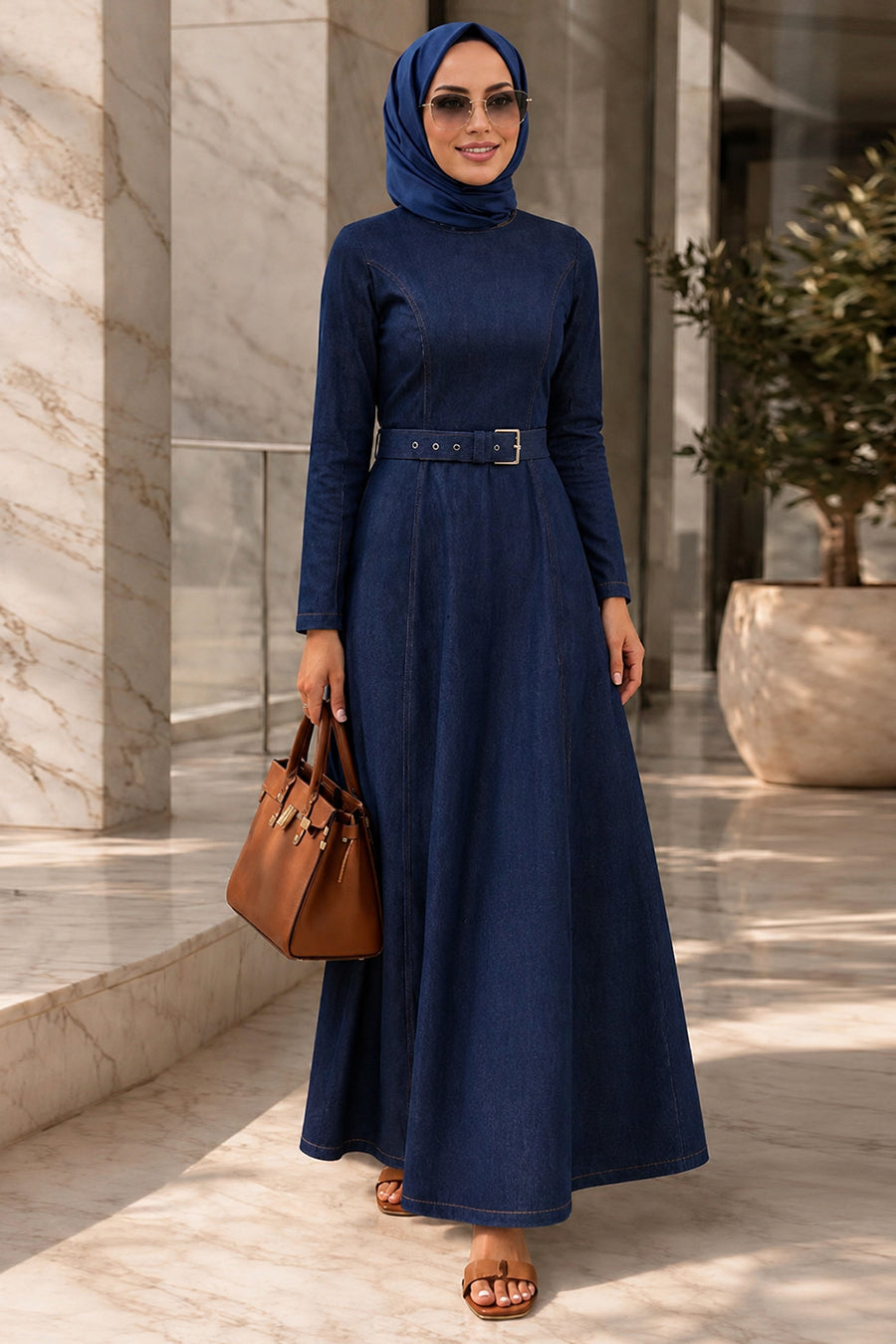Buckle-Belted Navy Modest Denim Dress 6283L