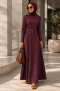 Buckle-Belted Plum Modest Denim Dress 6283MU