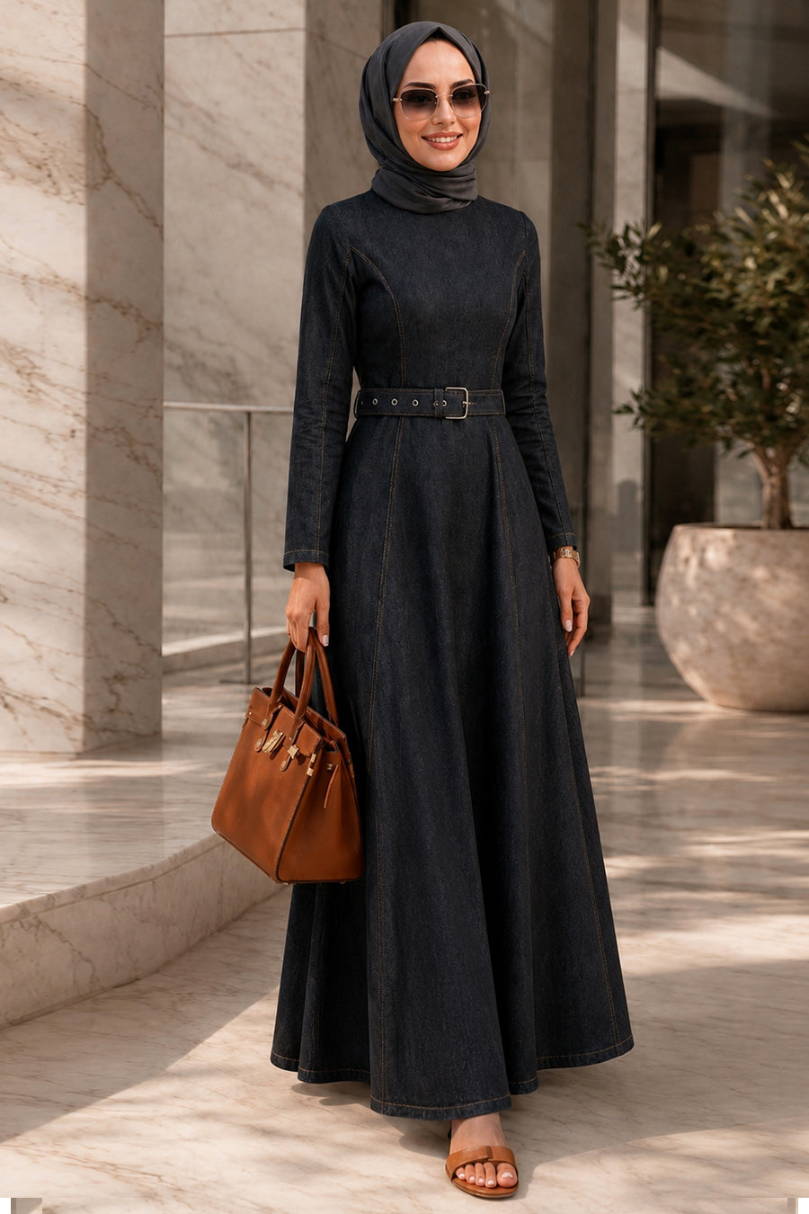 Buckle-Belted Black Modest Denim Dress 6283S