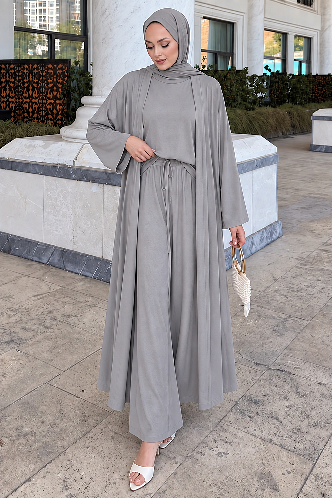 Gray ottoman three-piece modest set 14080GR wholesale Turkey fall winter
