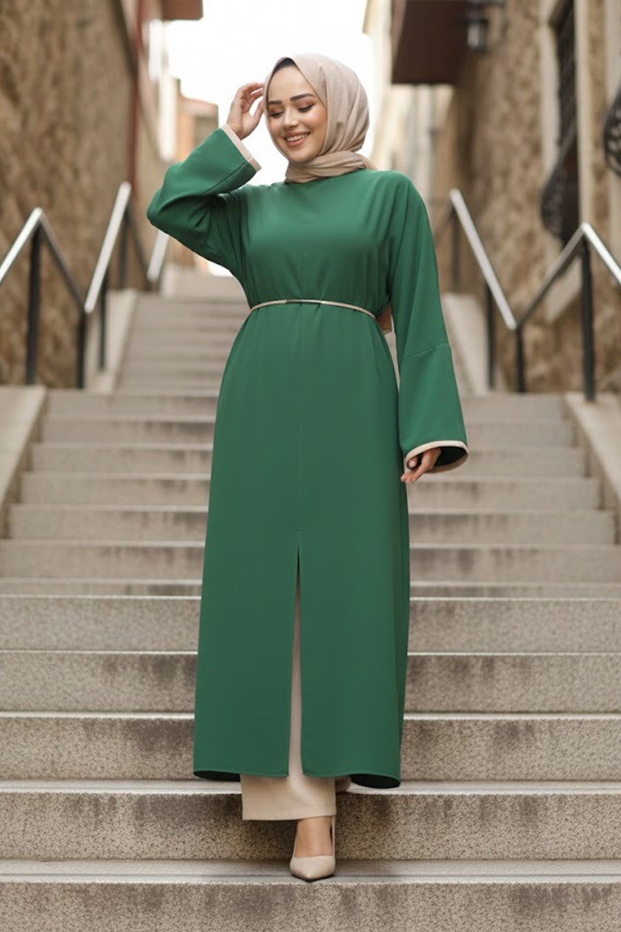 Slit-Detailed Green Two-Piece Modest Set 76112Y
